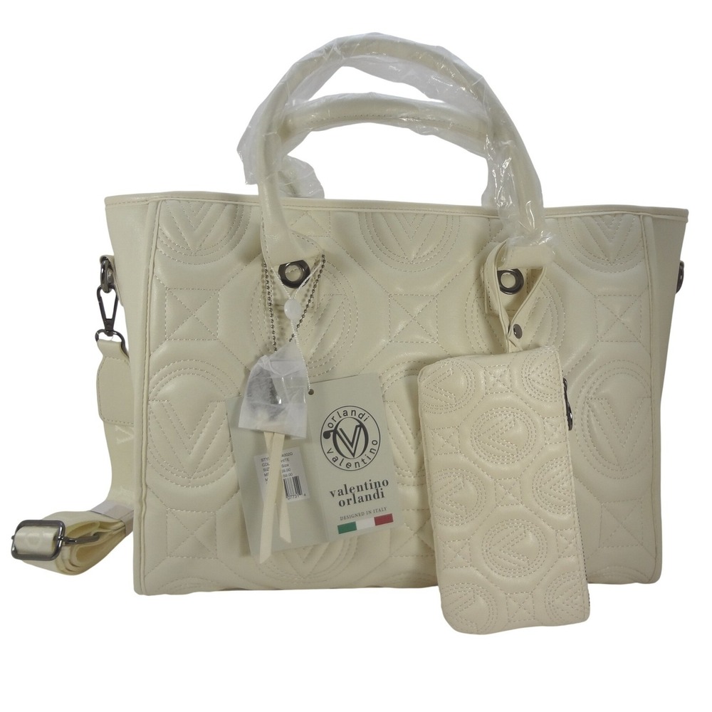 NWT‎ Valentino Orlandi XL Cream Quilted Top Handle Tote Bag With Matching Pouch